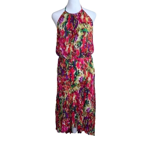 MAGGY LONDON Vintage Y2K Summer Dress Pleated High Low Halter Dress Sz 8 - Picture 1 of 16